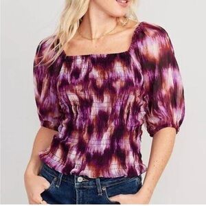 Old Navy Smocked Top Women's XXL Purple Multi Tie-Dye Puff Sleeve  Boho 90's